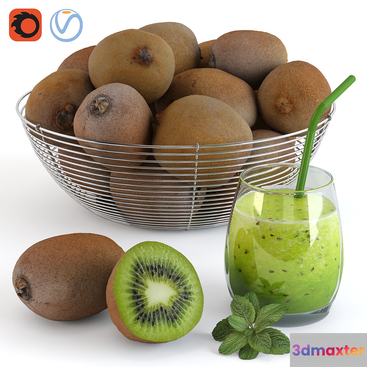 Kiwi in a bowl and fresh 3D Max