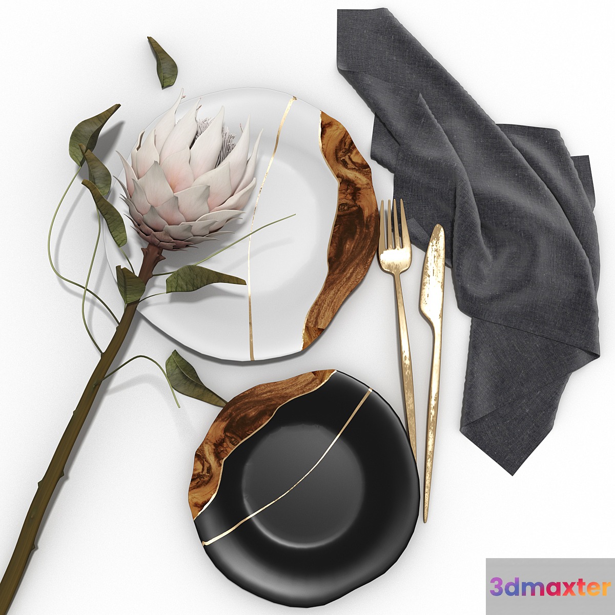 Decorative set of wabi-sabi plates and protea flower