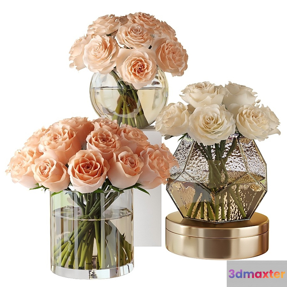 Pink and white roses in glass vases