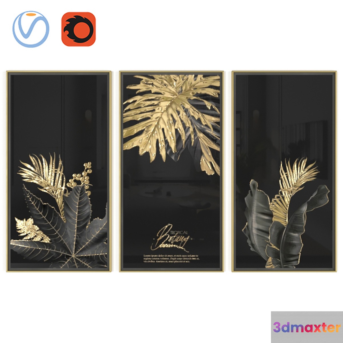 Golden black leaves wall art 3D Max