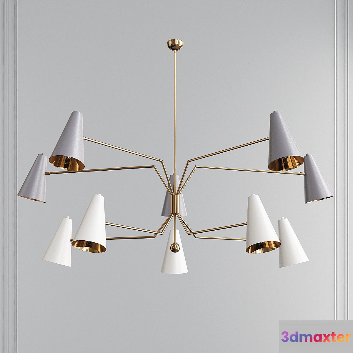Ten Arms Midcentury Style Chandelier with Gray and White Cones