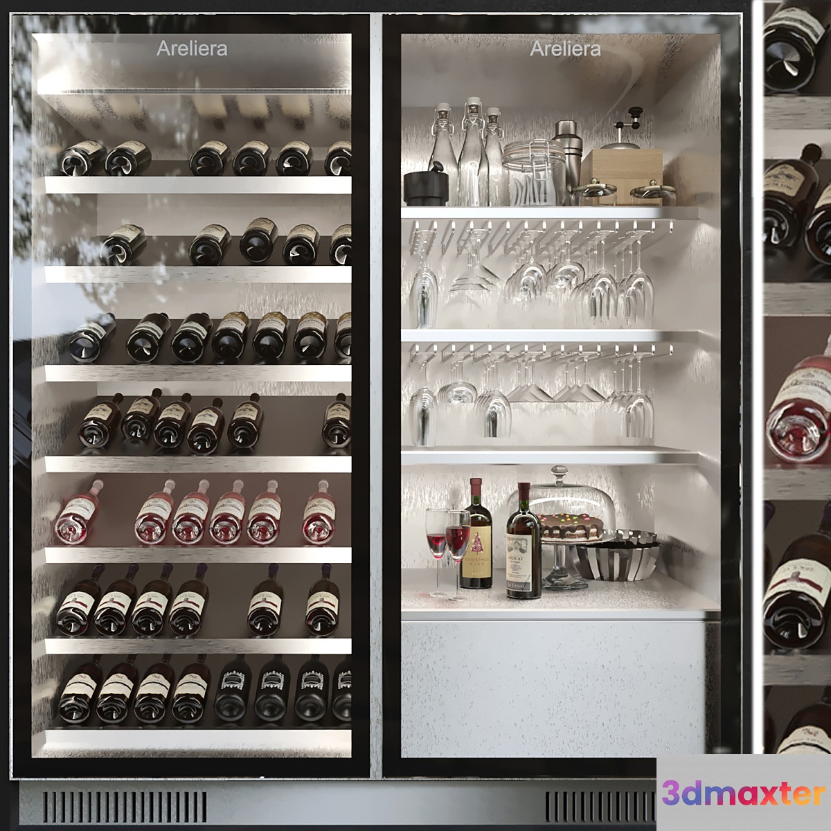 Wine cabinet with wine and crystal service. Alcohol