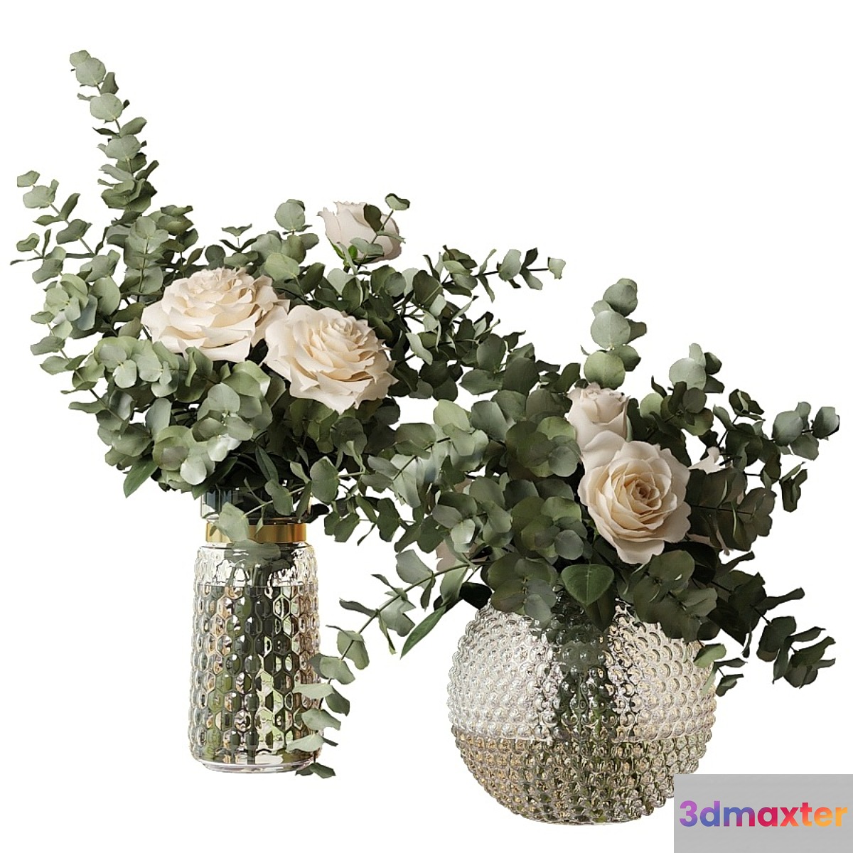 Two bouquets of roses and eucalyptus branches in glass mottled vases