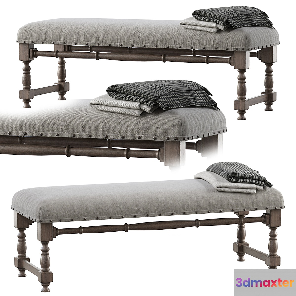 Chic Farmhouse Wood Turned Leg & Light Gray Upholstered Accent Bench