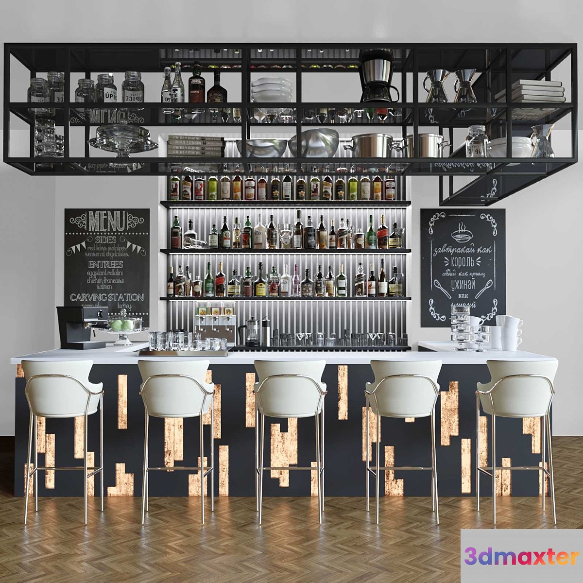 Design project of a restaurant with a bar counter and cocktails. Alcohol