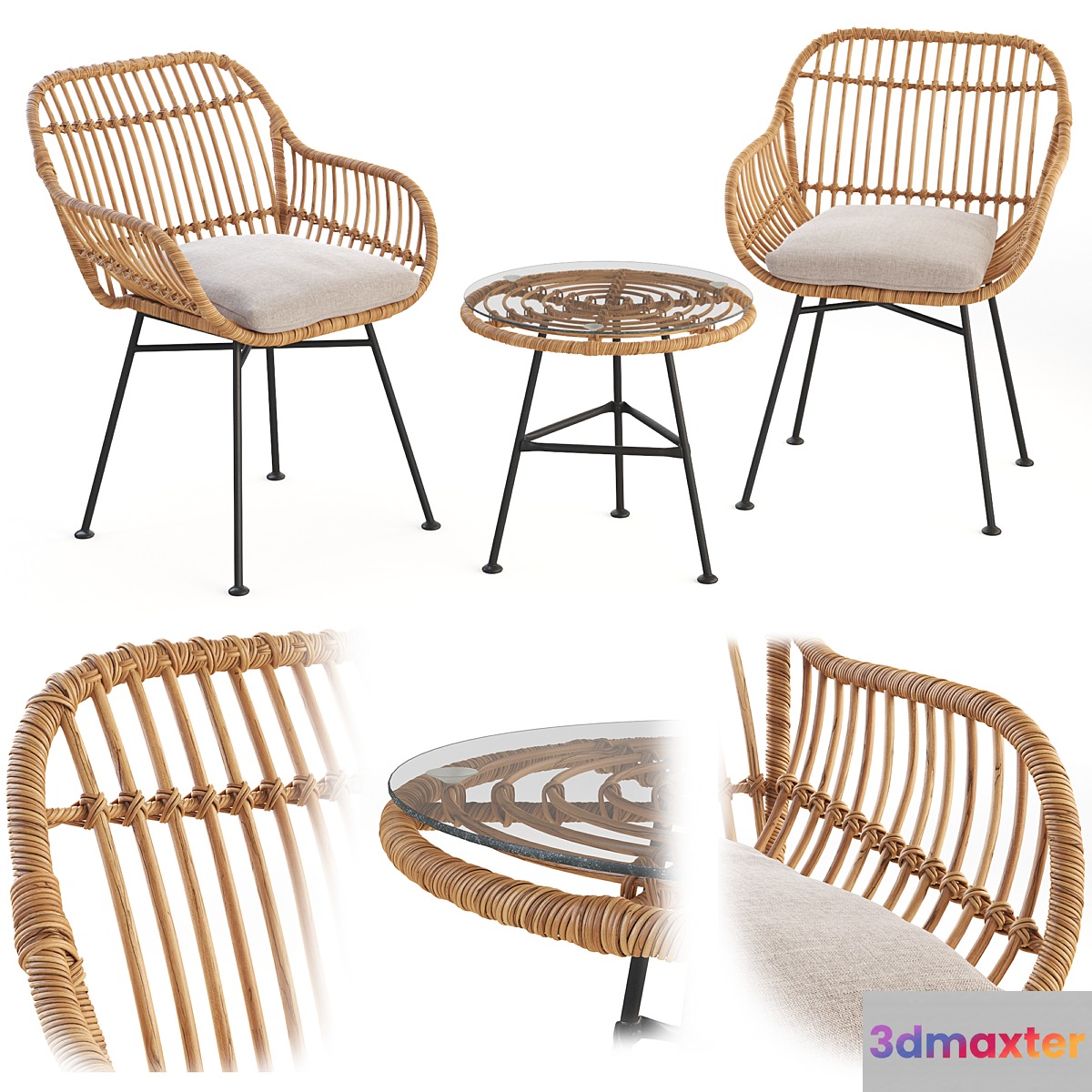 Bay Isle Bushnell 3 Piece Rattan Seating Group 3D Max