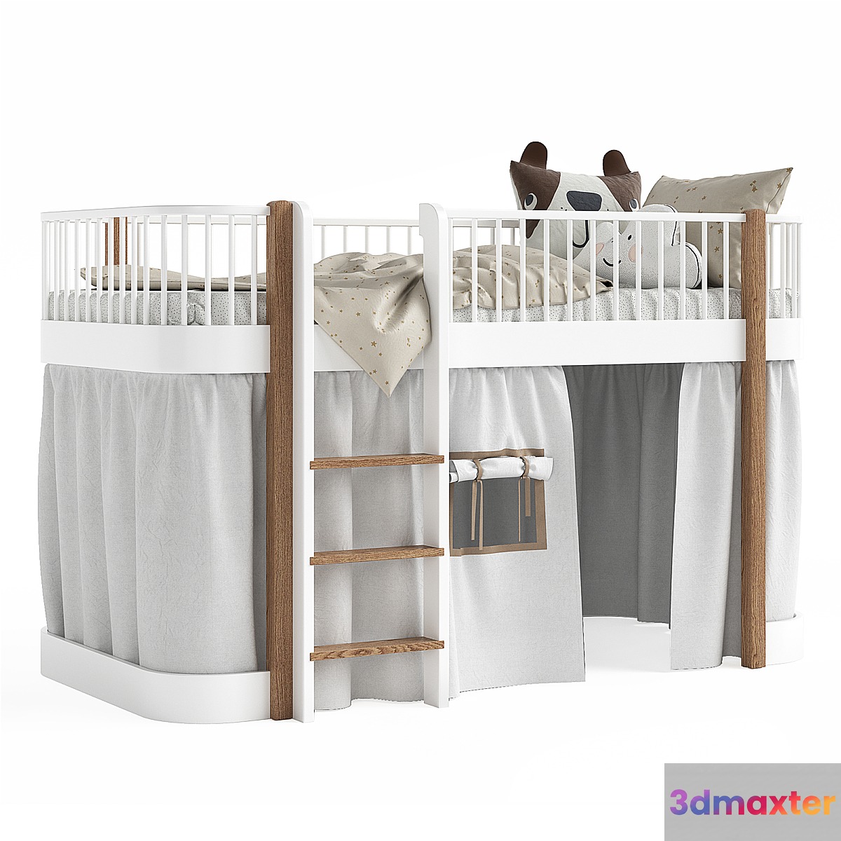White and Oak Wood Low Loft Bed by Oliver