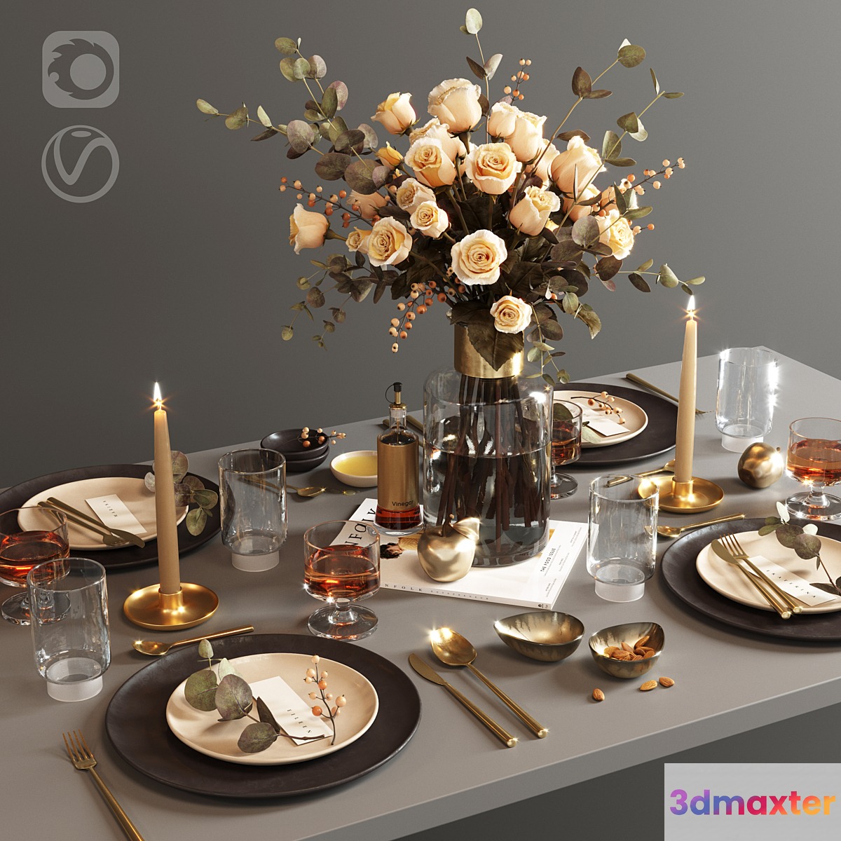 Table setting with roses 3D Max