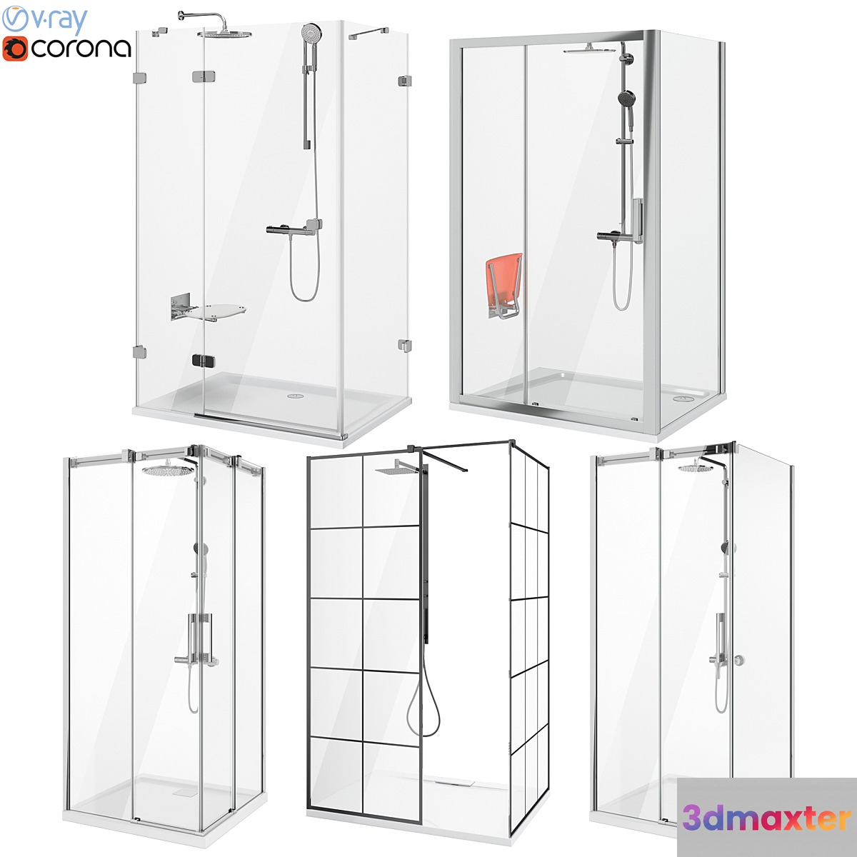 Set of shower cabins Ravak and Radaway set 89 3D Max