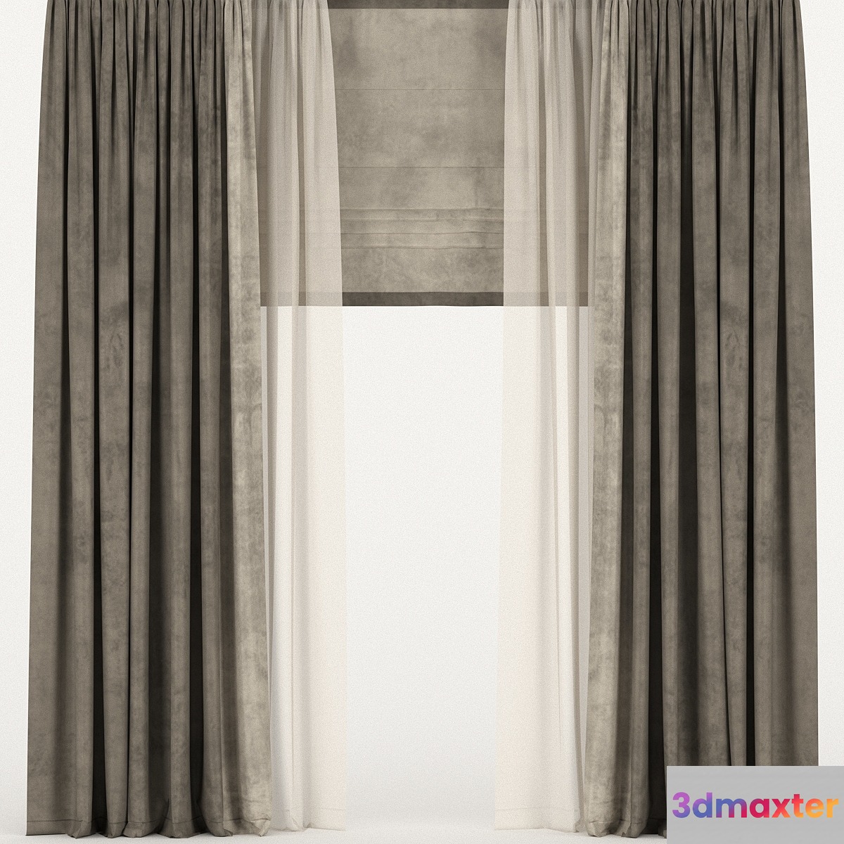 Brown velvet curtains with tulle and a roman curtain 3D Max