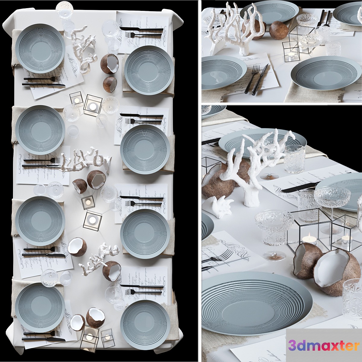Table setting with collectible crockery candles and marine-style corals - No.2