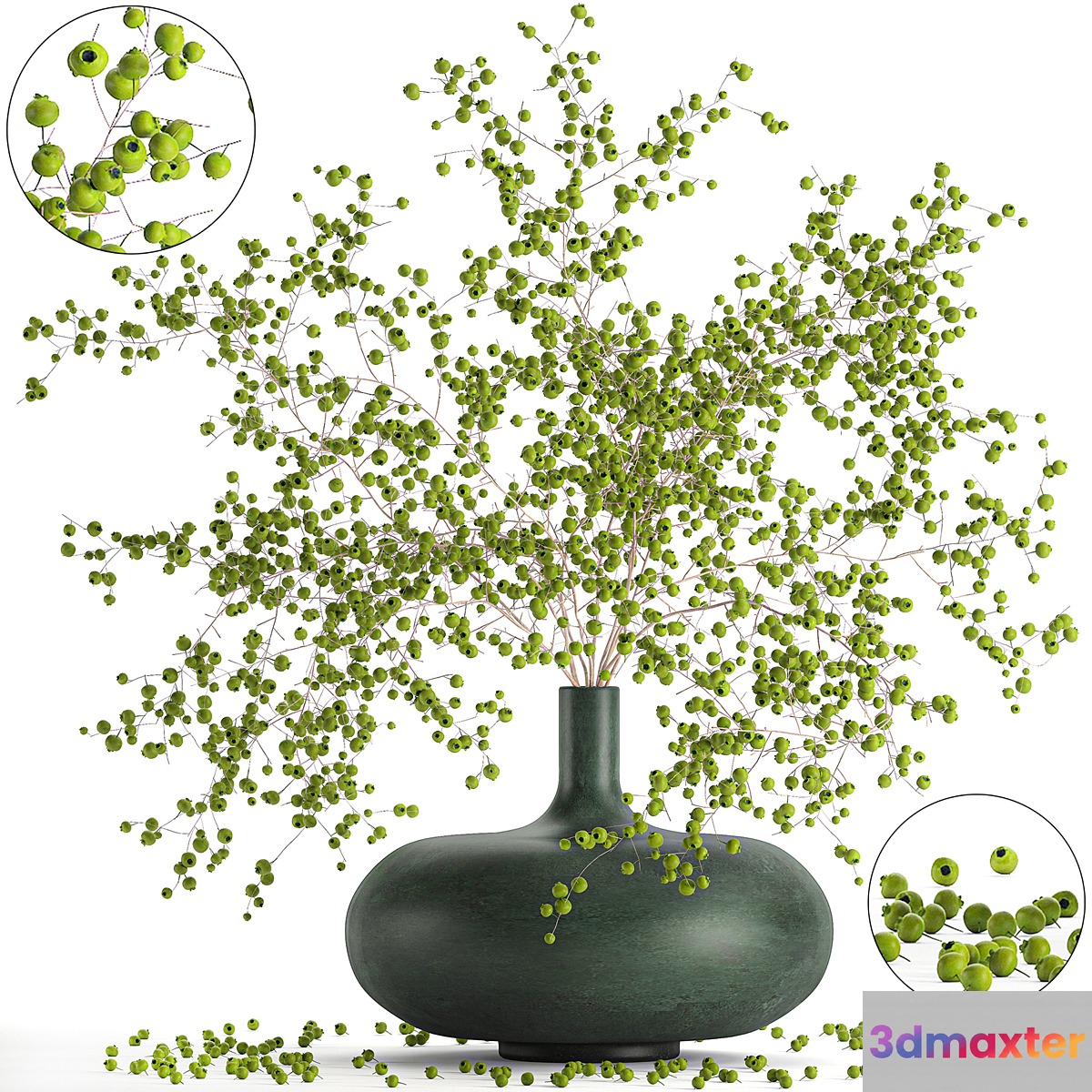 A beautiful lush little bouquet in a vase with green berries on the branches . Set 97.