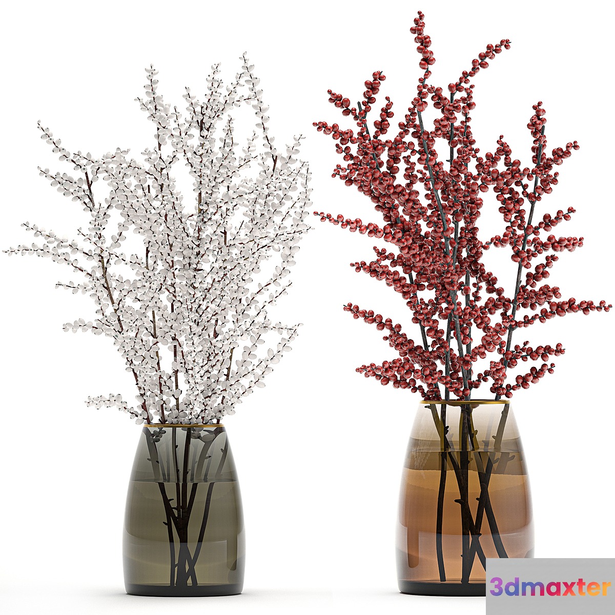 A collection of beautiful bouquets of branches with red and white berries in a vase of Ilex Holly dried flower Snowberry. Set 98.