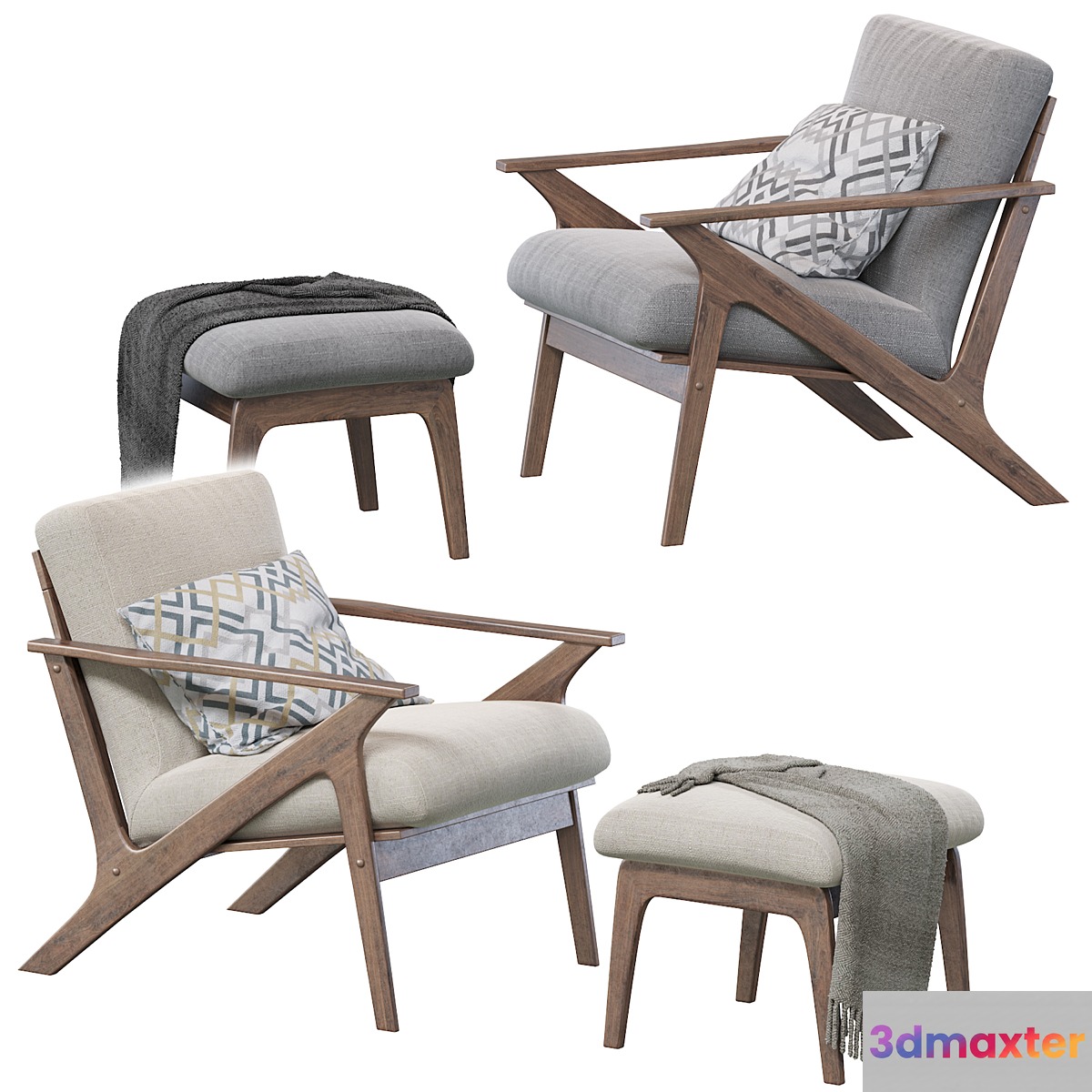 Baxton Studio Bianca Mid-Century Modern Walnut Wood Distressed Faux Leather Lounge Chair And Ottoman Set 3D Max