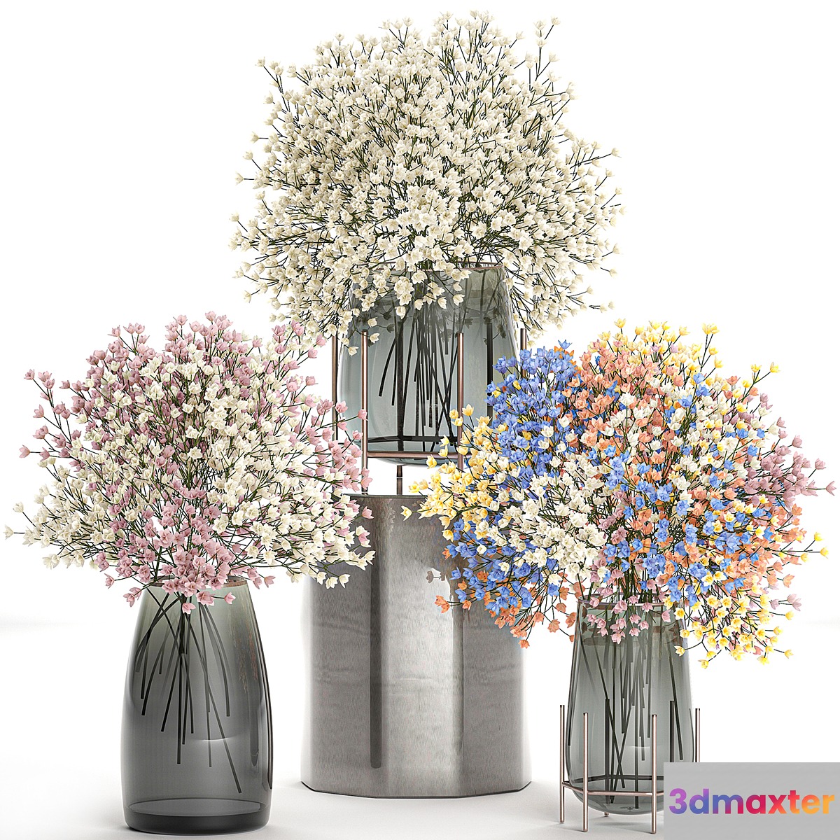 A collection of beautiful lush little white and pink bouquets in glass vases with Gypsophila Gibsolyubka Kachim. Set 107. 3D Max