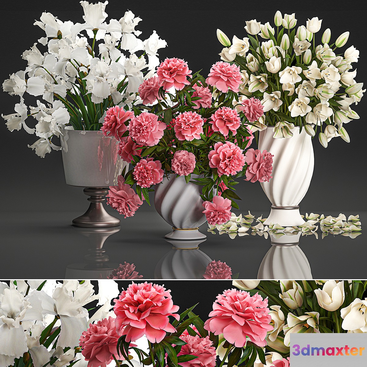 A collection of beautiful decorative bouquets in classic vases with pink peony White tulips Iris. Set 110. 3D Max