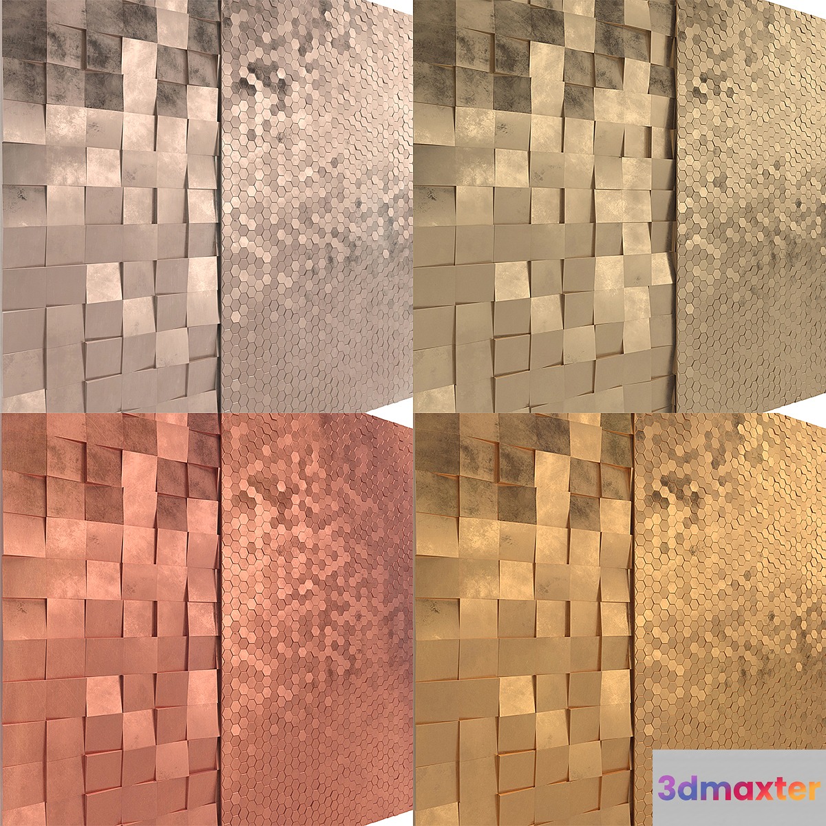 Cubic and Hexagon Palladium Brass Copper Gold wall tile & 3D Wall Panel With Scratchs 3D Max