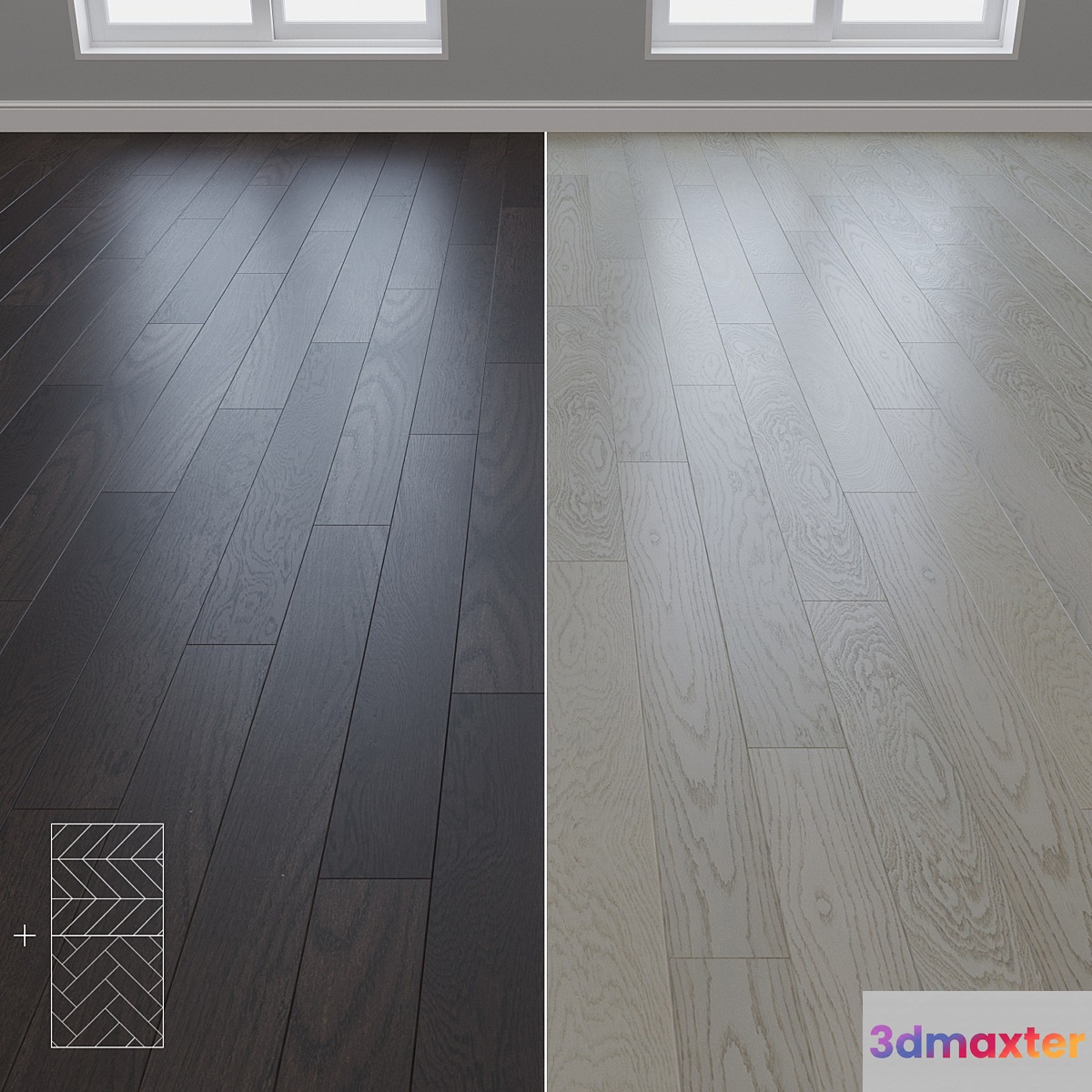 Parquet Oak 2 types layout herringbone chevron and linear setduo28 3D Max