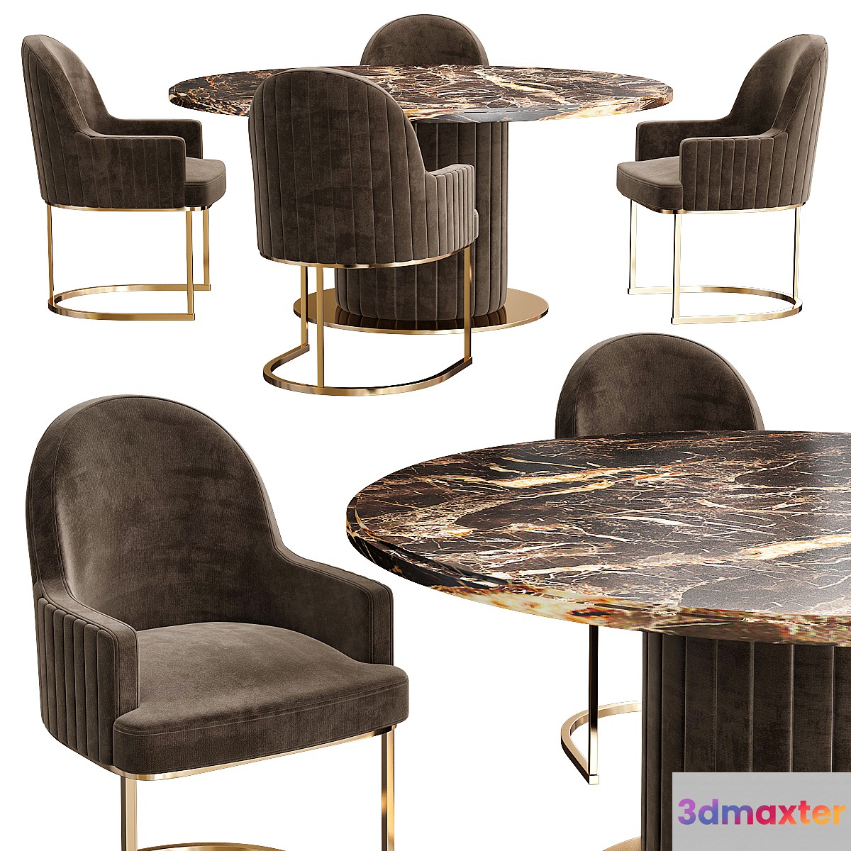 Italian Designer Marble Round Dining Table And Chairs Set 3D Max
