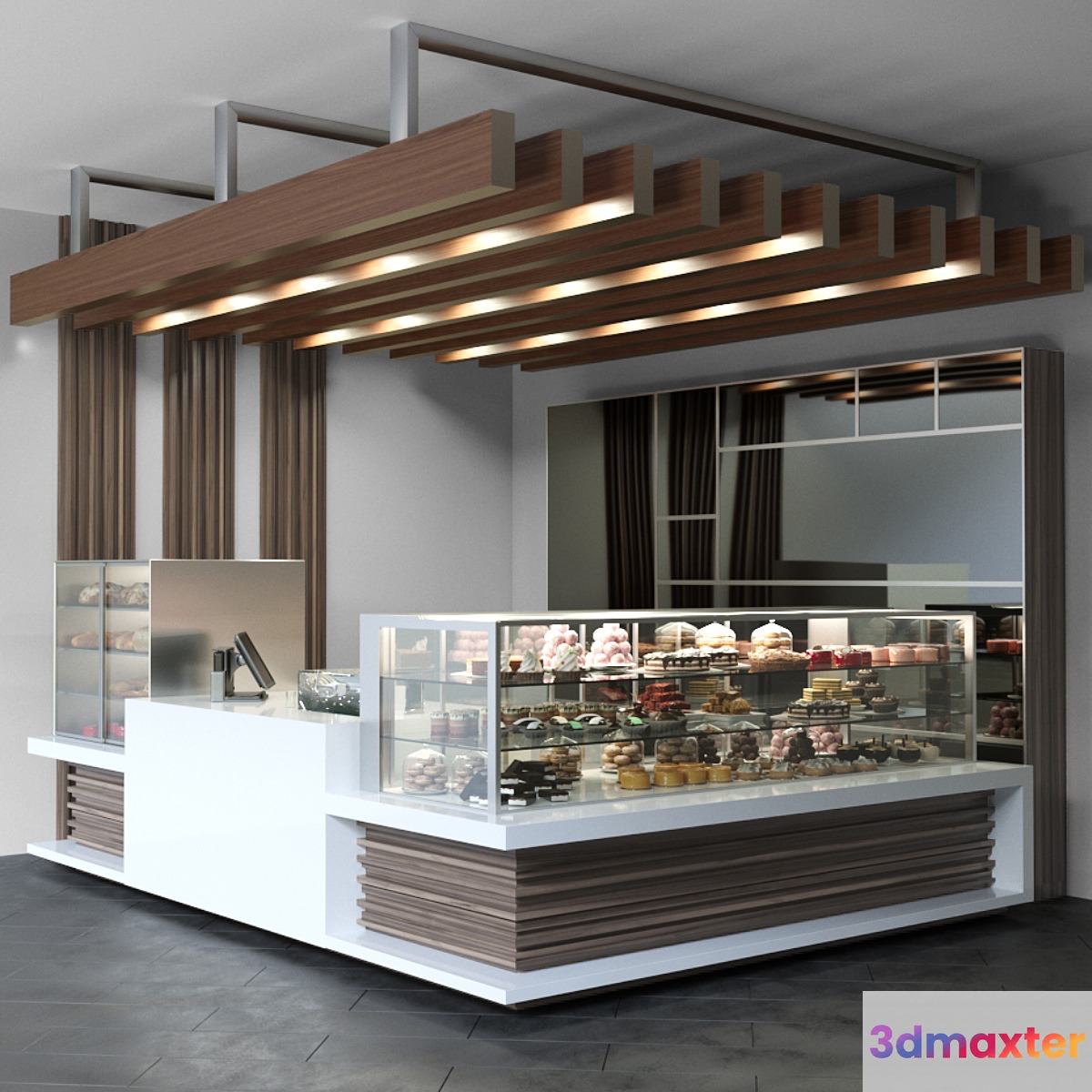 Design project of a coffee point with a confectionery showcase and desserts. Cafe 3D Max