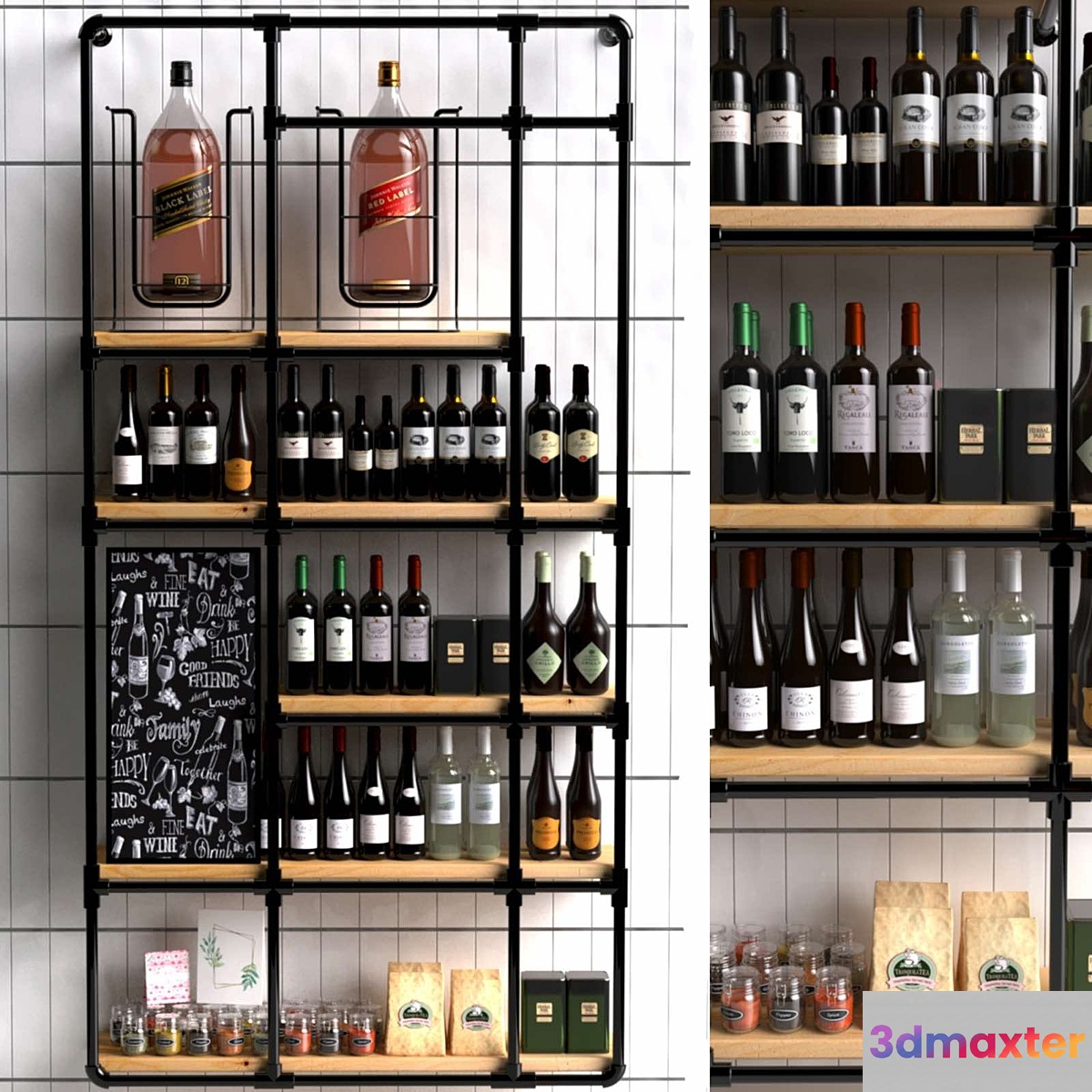 Wine shelf in a loft-style supermarket with a collection of red wine. Wine 3D Max