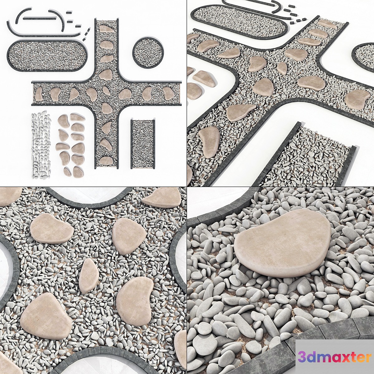 Stone plate pabble road n1 _ The road from stone slabs with pebbles 3D Max