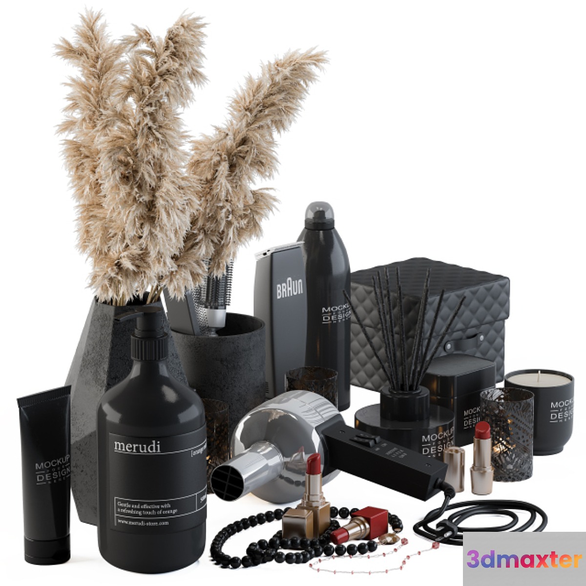 Bathroom Decor Set 05 - Black Set with pampas Plant 3D Max