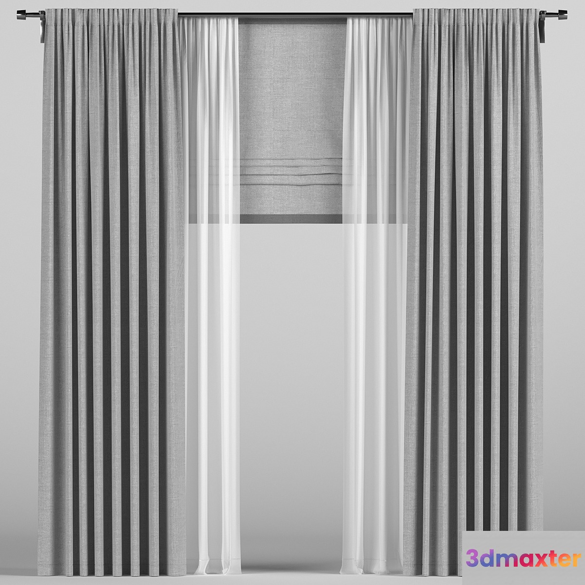 Curtains with tulle and roman blinds. 3D Max