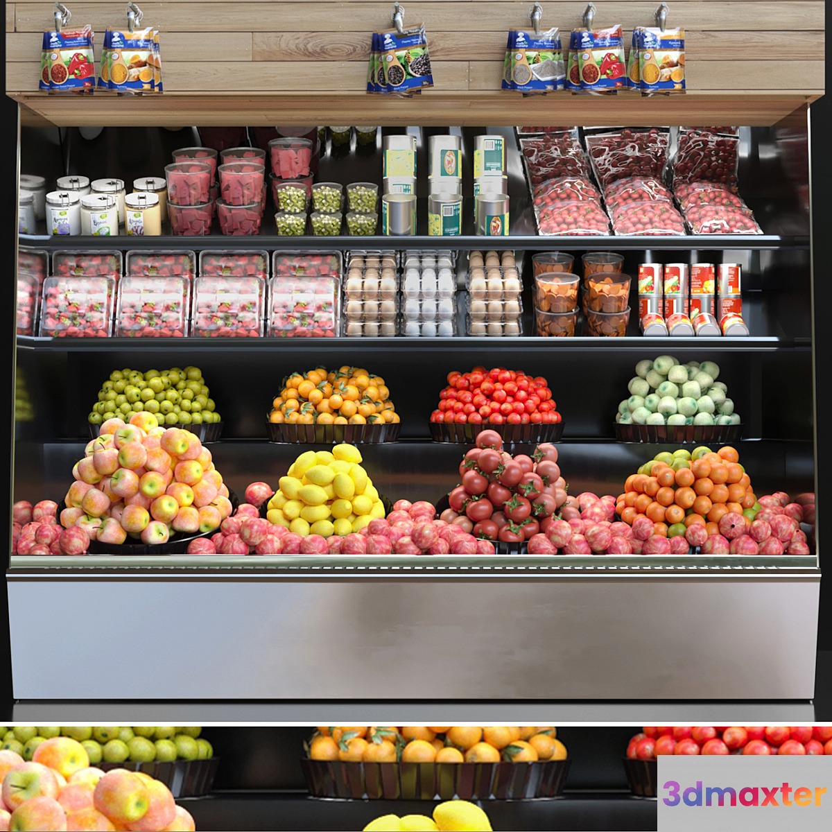 Showcase in a supermarket with fruits and vegetables. Fruits and vegetables