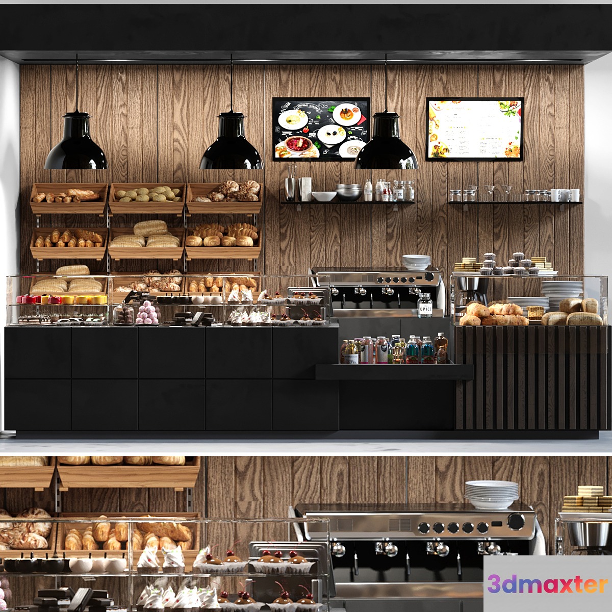 Cafe with pastries and desserts. Coffee house design project. Sweets