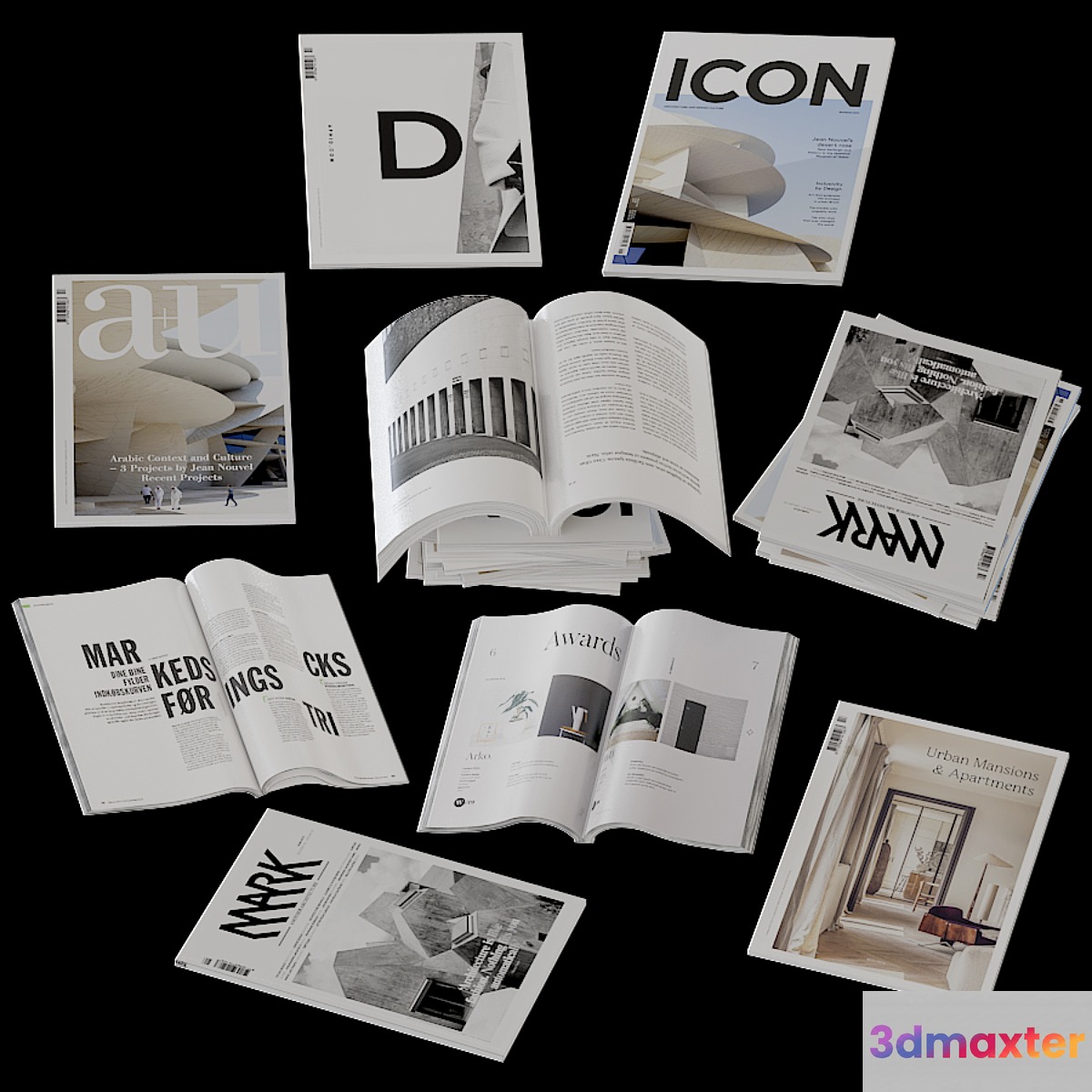 Collection of open and closed magazines