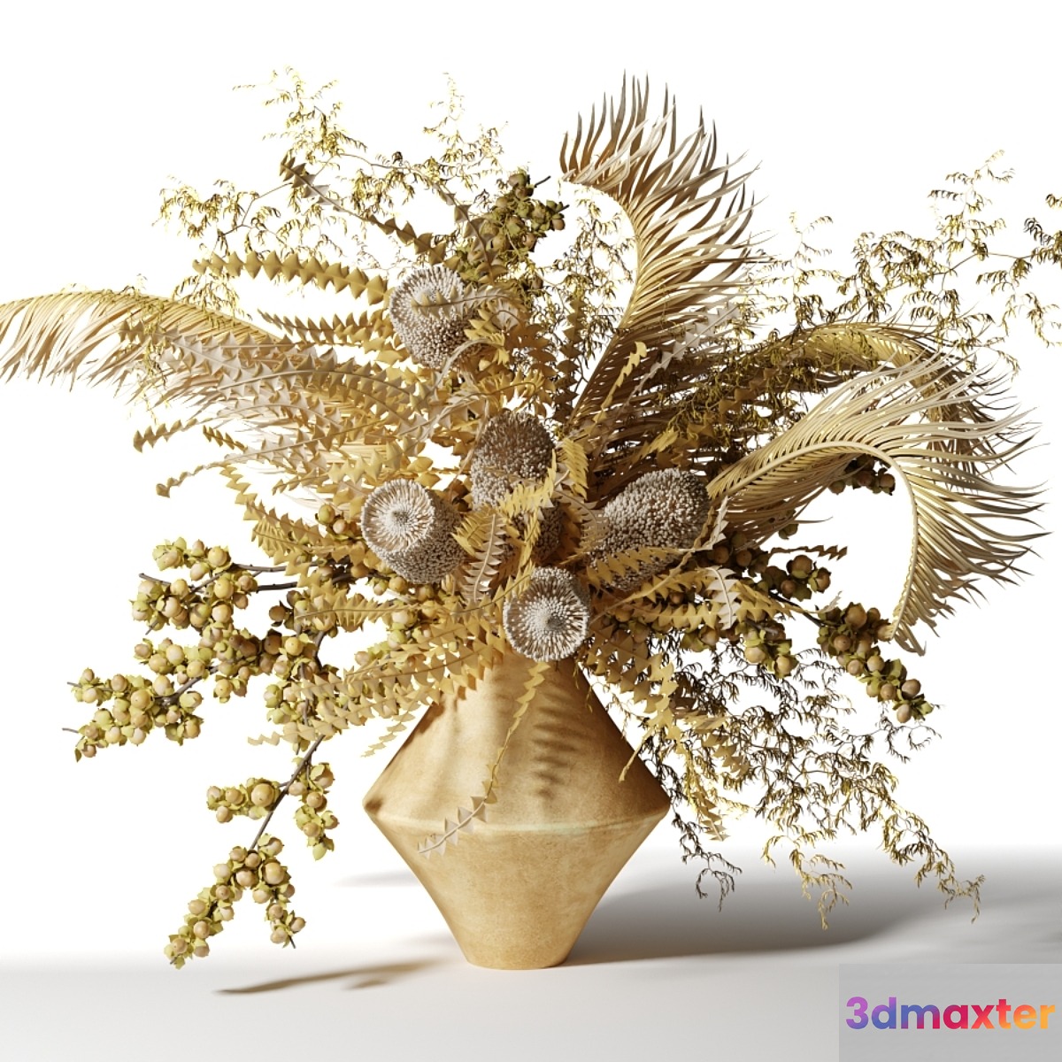Bouquet of dried flowers with palm leaves bankxia and walnut branches