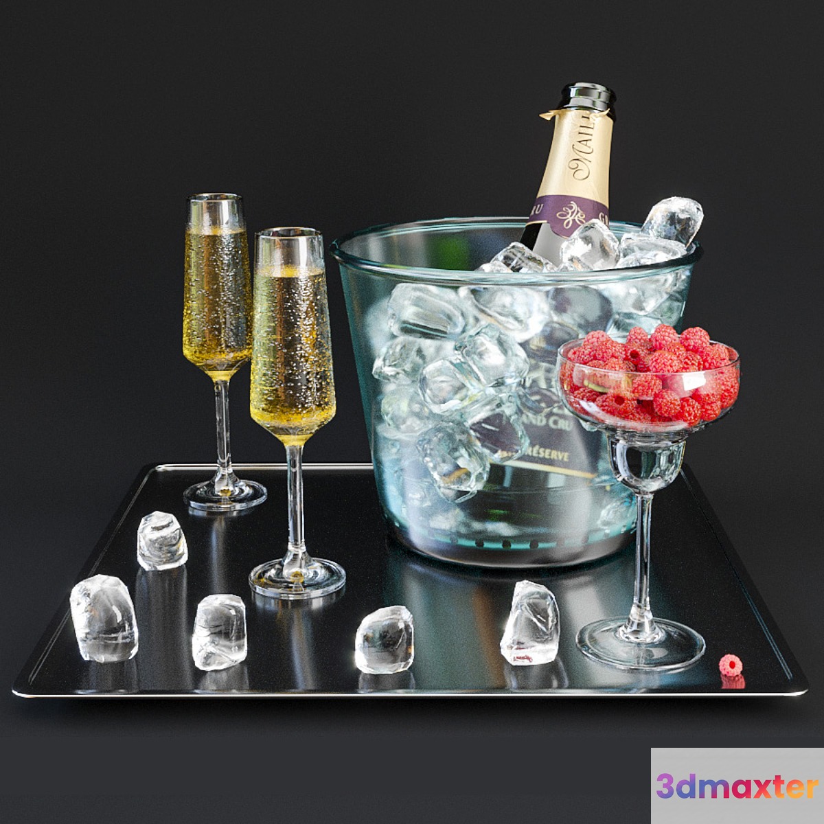 A bottle of champagne on a tray with ice and raspberries. 3D Max