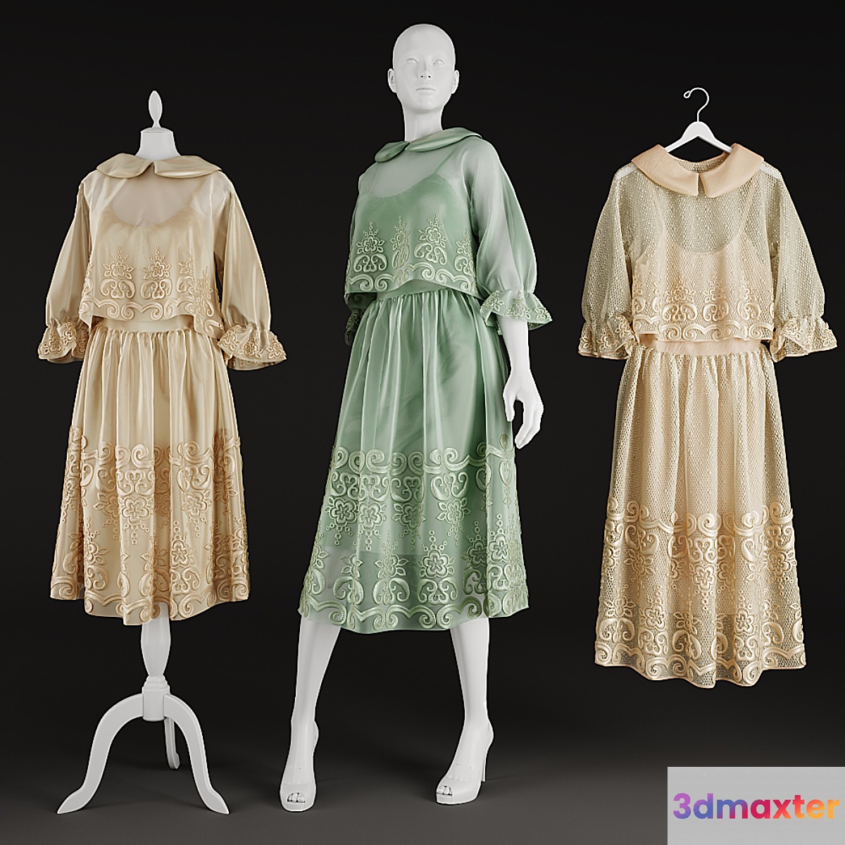 dresses on a hanger and on mannequins 3D Max
