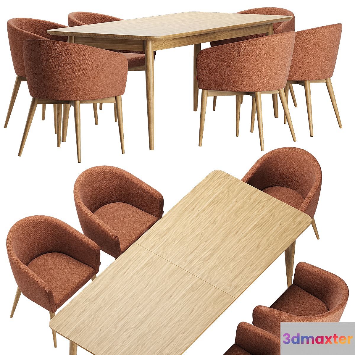 Torino Chair Tate Walnut Extendable Midcentury Dining Table 3D Max