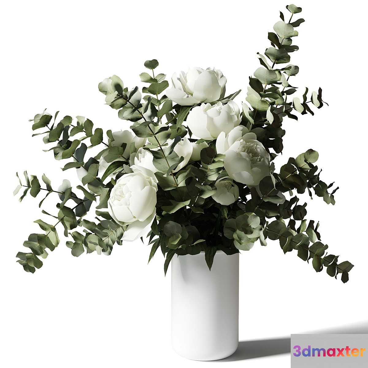 Bouquet with eucalyptus and peonies in a white vase