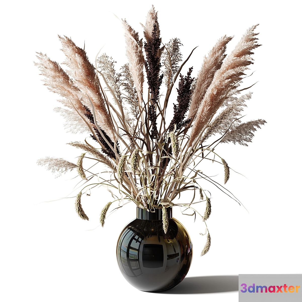 Bouquet of tall dry grass in a black vase