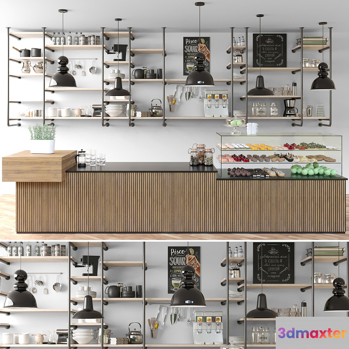 Cafe with shelves and a showcase with desserts and sweets in a loft style 3D Max