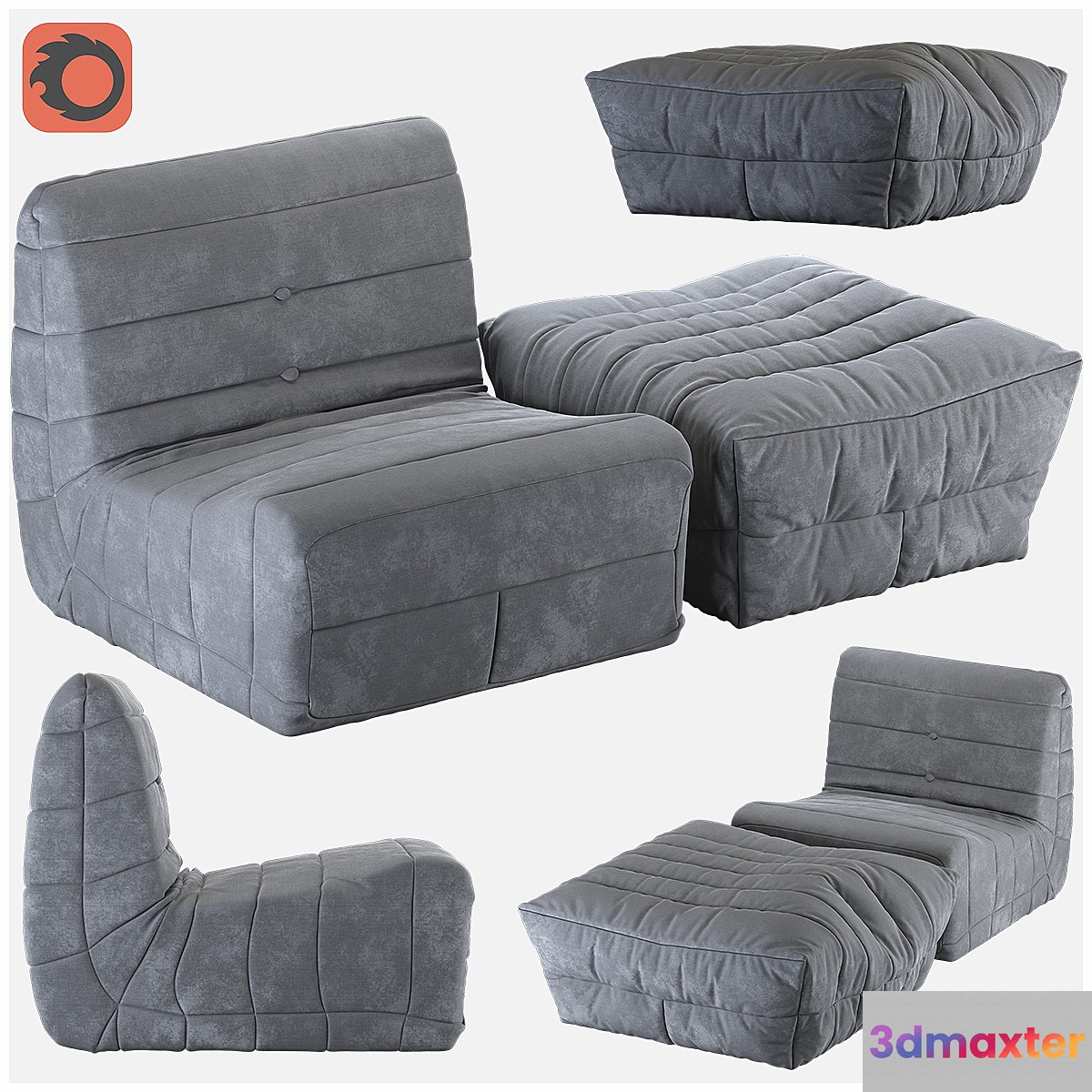 Armchair and pouf French (frameless technology FOAM) 3D Max