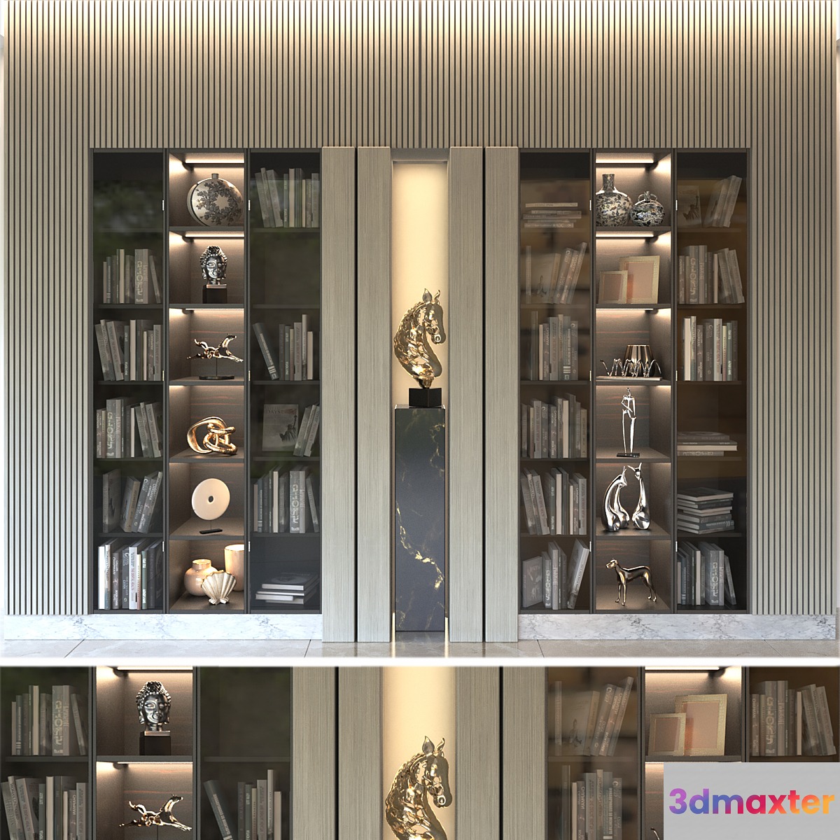 Bookcase with modern decor. Library 3D Max