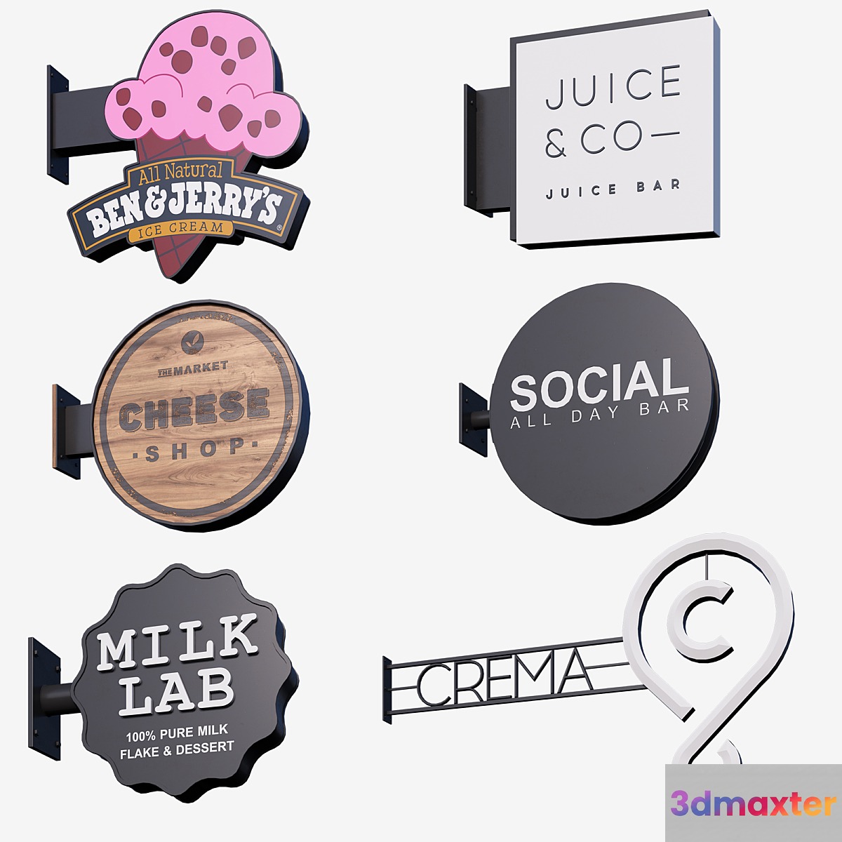 Set of console signs for cafes and shops 3D Max