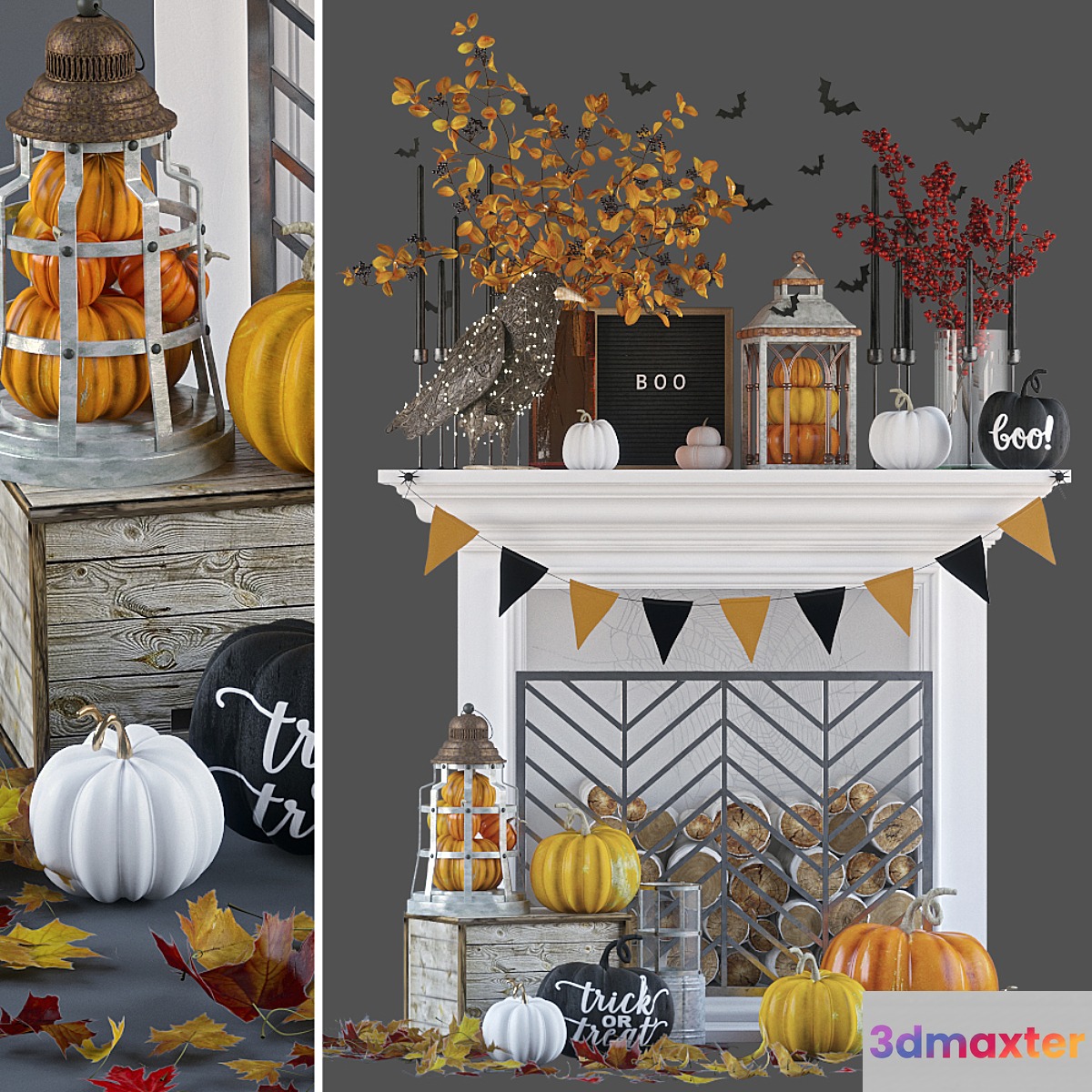 Artificial fireplace with autumn decor 3D Max