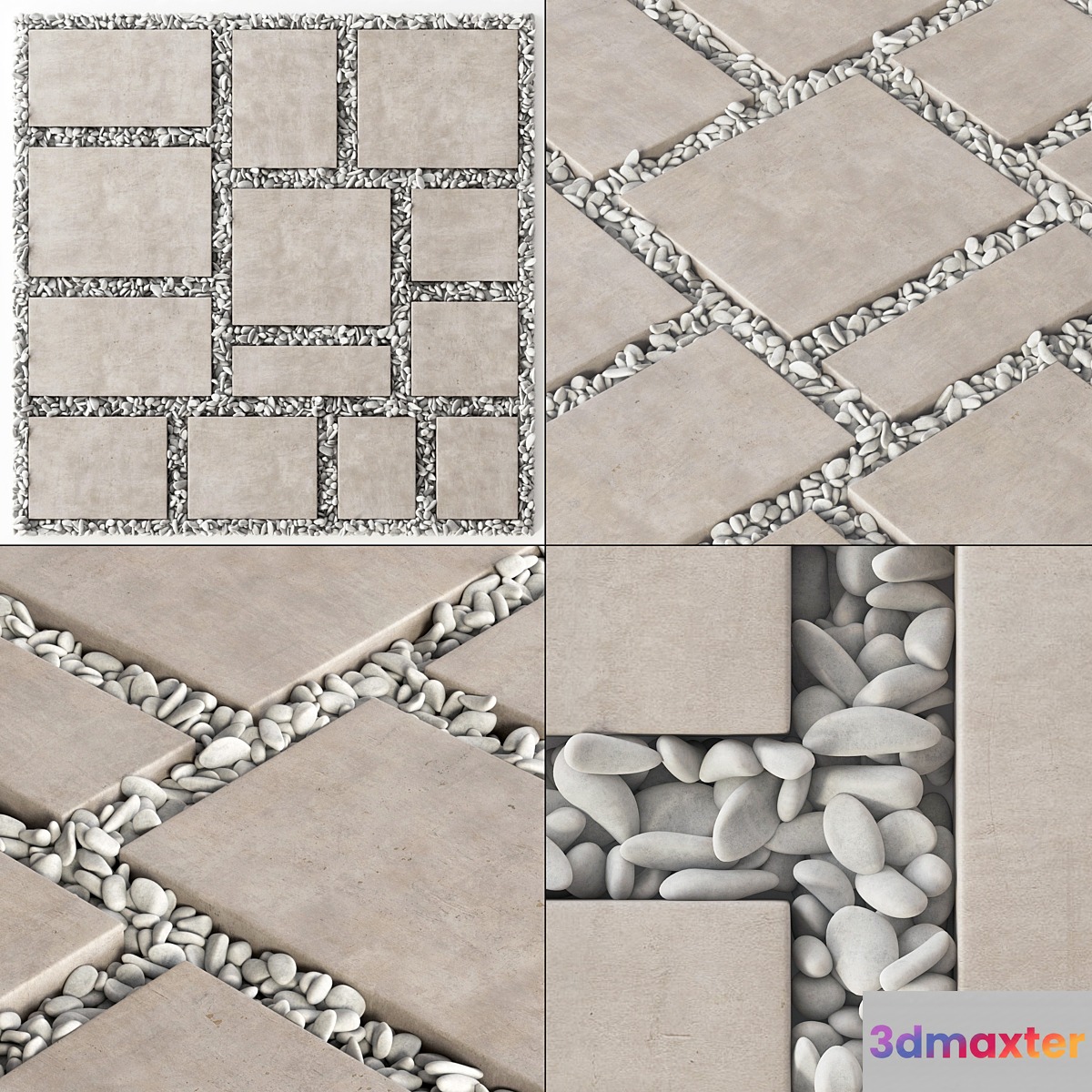 Paving tile square pebble n2 _ Paving tile square of pebble slabs 3D Max