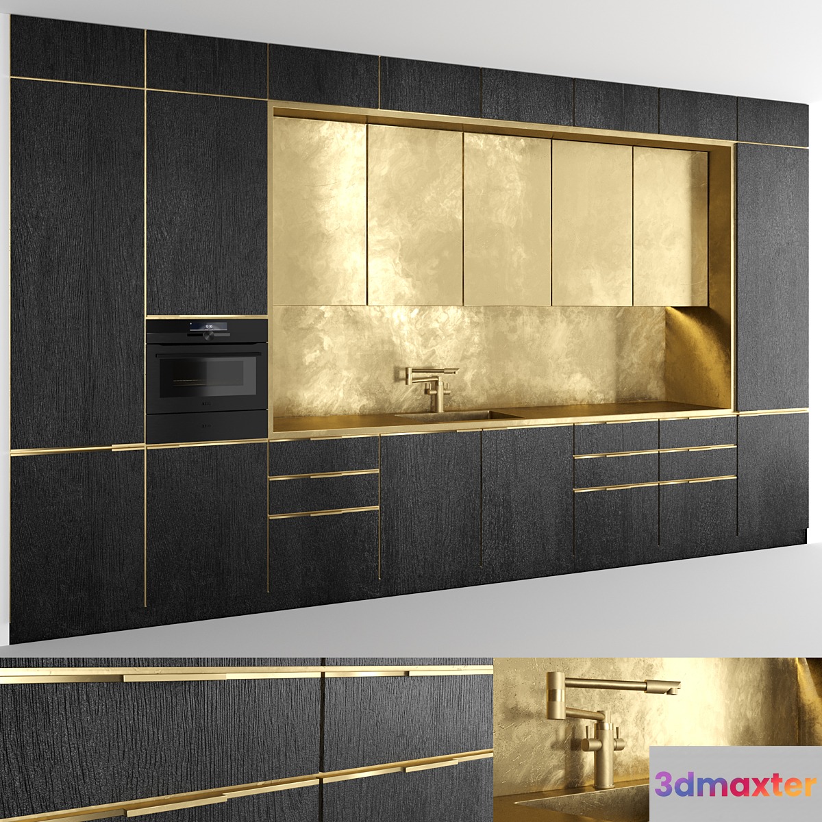 Brass black wood kitchen 3D Max