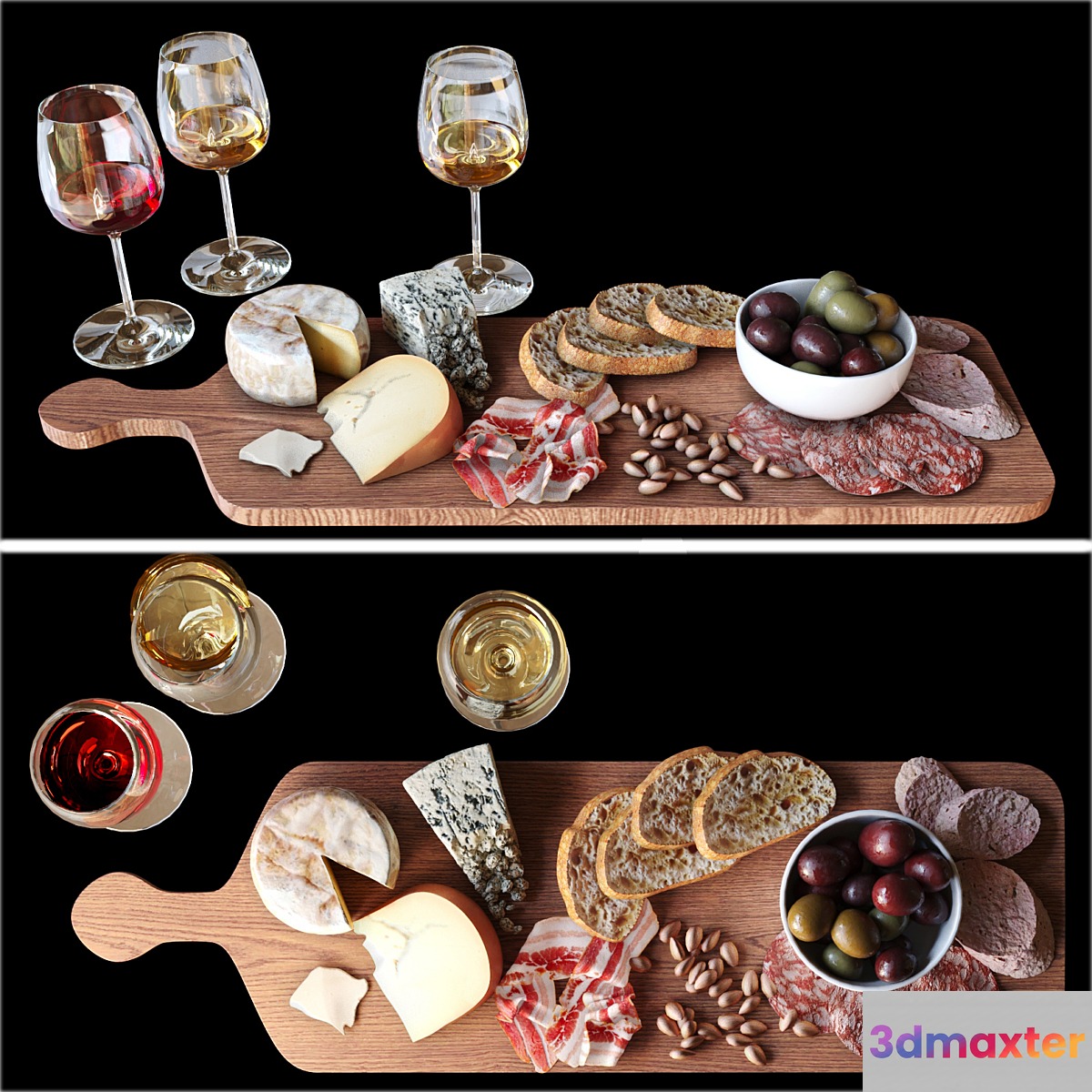 A meat plate with pieces of blue cheese and a glass of red wine. Alcohol 2 3D Max