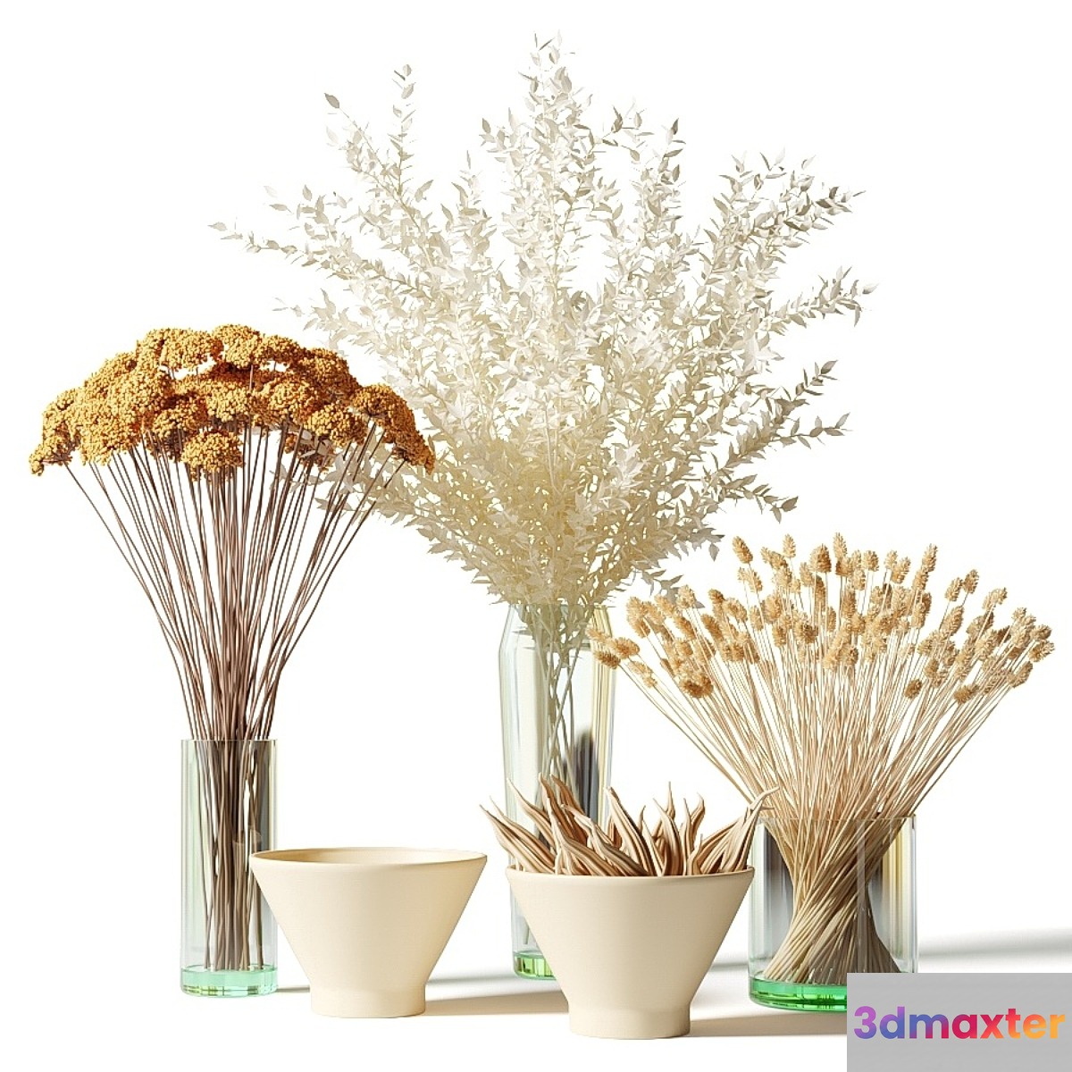 Bouquets of dried flowers in glass vases - set 2