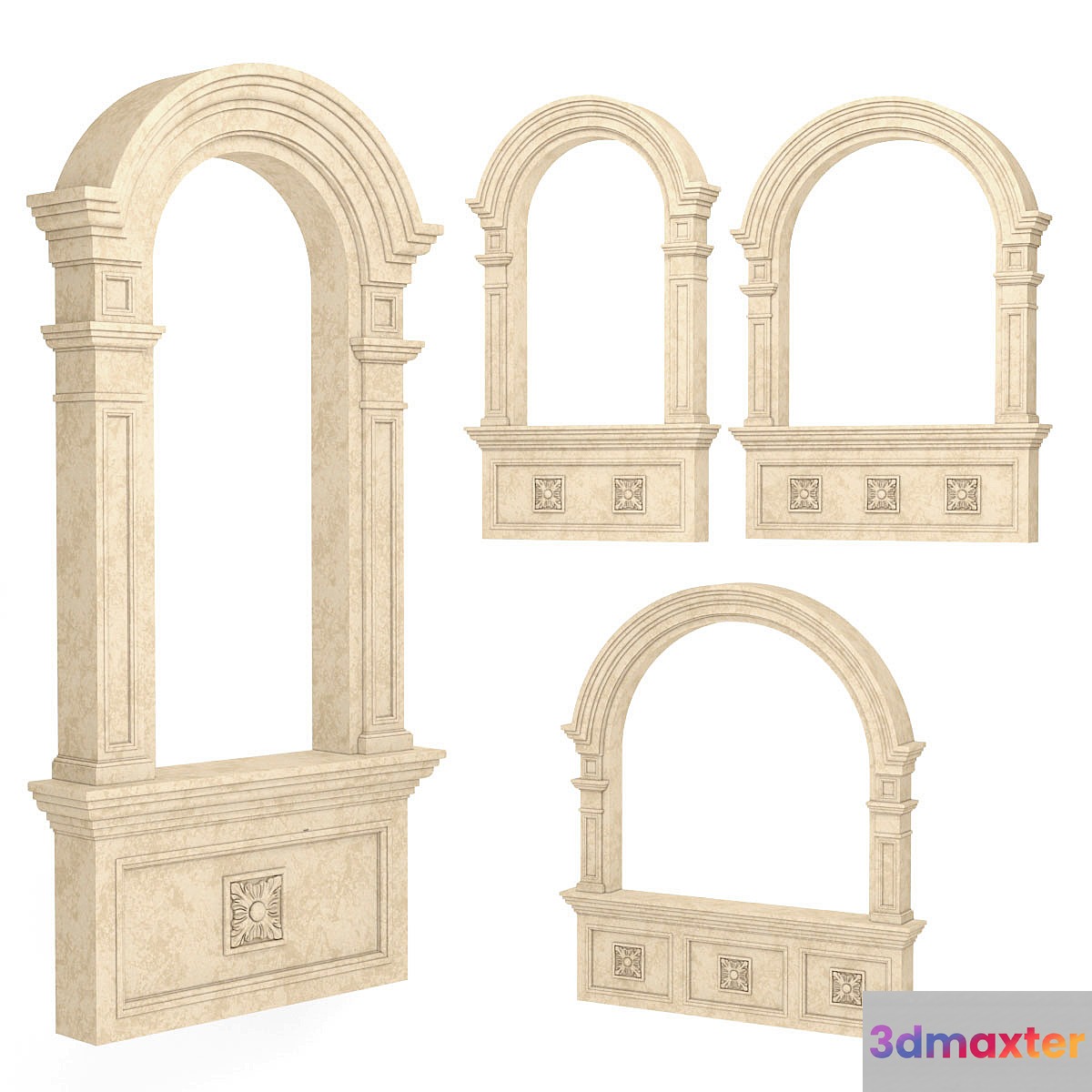 Classic arched window frames 4 sizes 3D Max