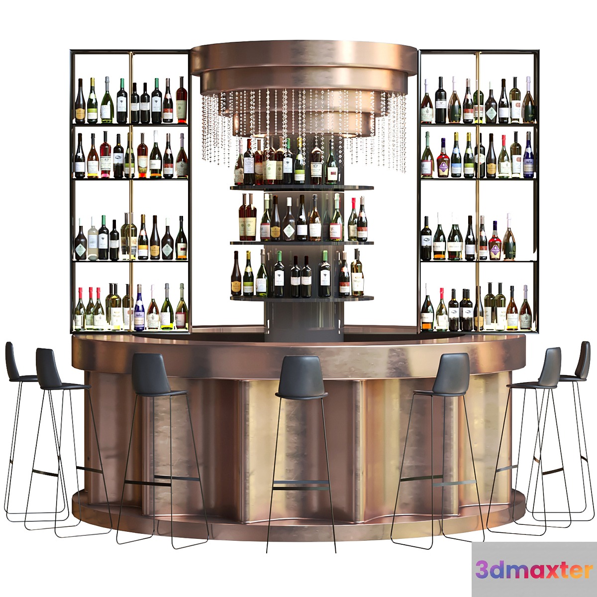 Bar counter with copper decor and strong alcohol. The pub 3D Max