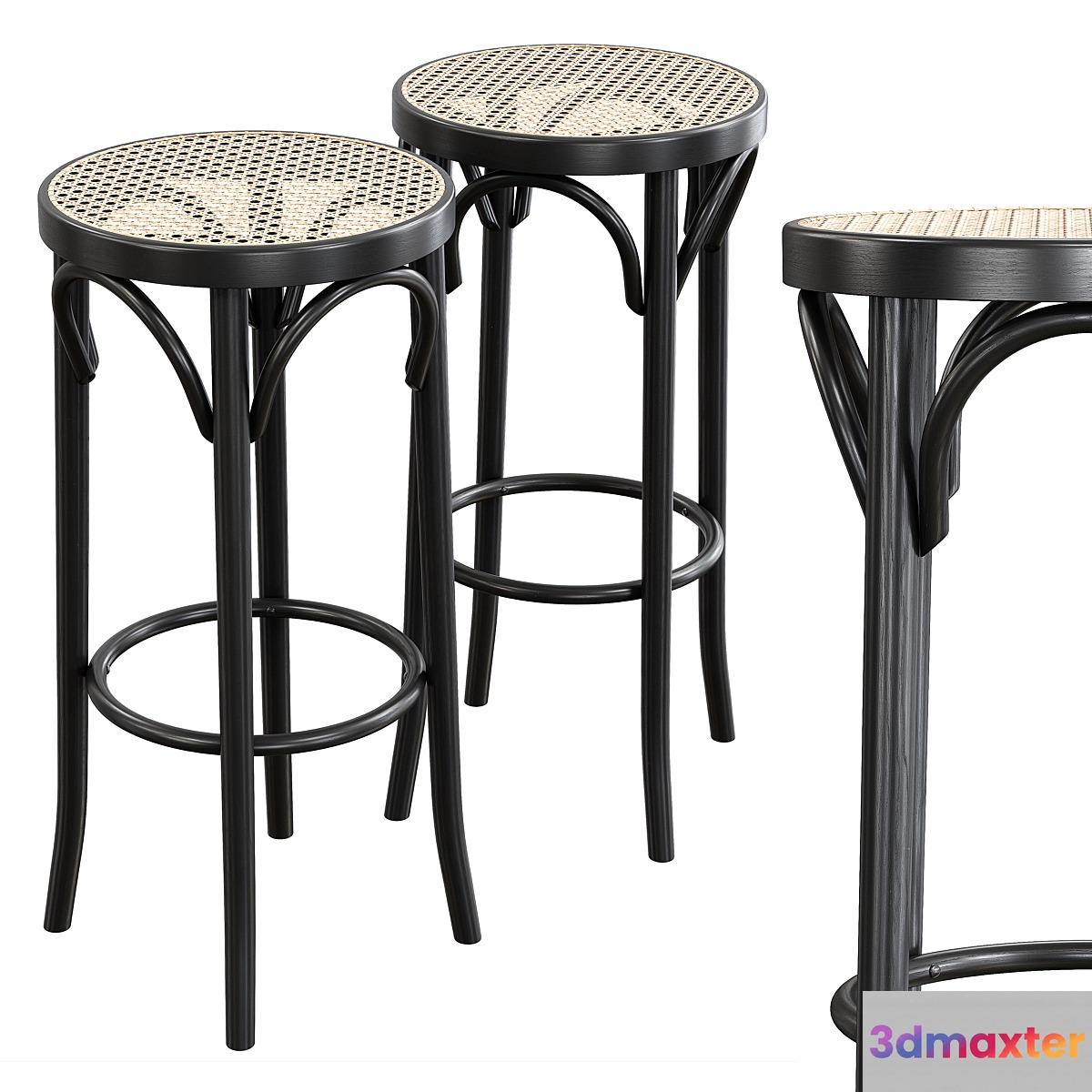 Pamono - Mid-Century Cane & Bentwood Stools by Michael Thonet 3D Max