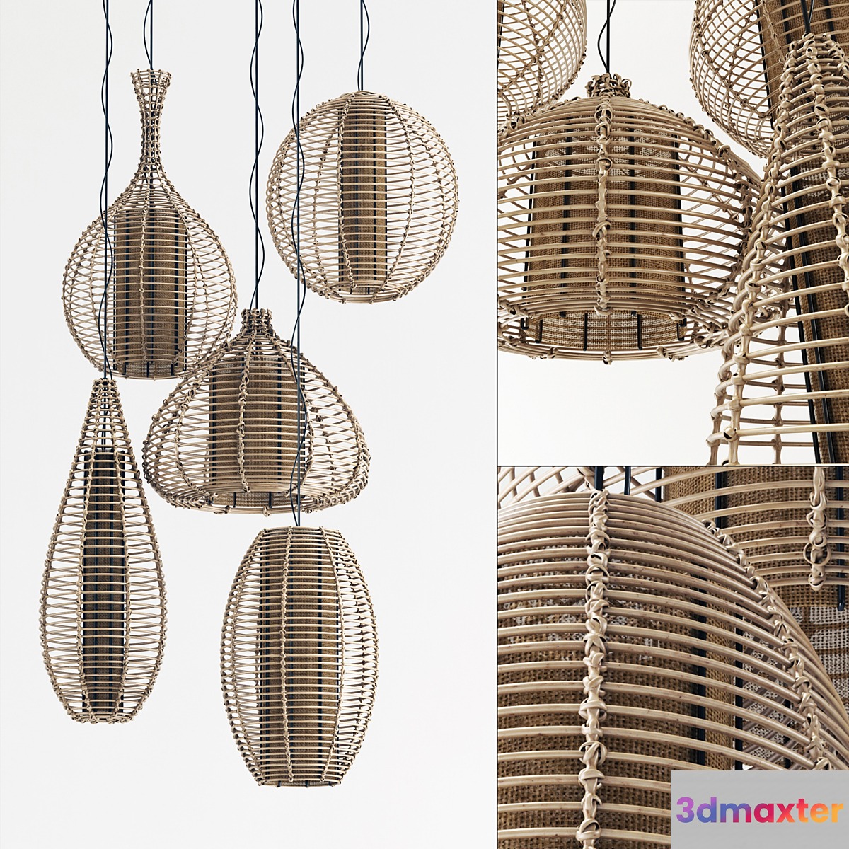 Lamp light form rotang thick n1 _ Wicker chandeliers made of thin rattan No. 1 3D Max
